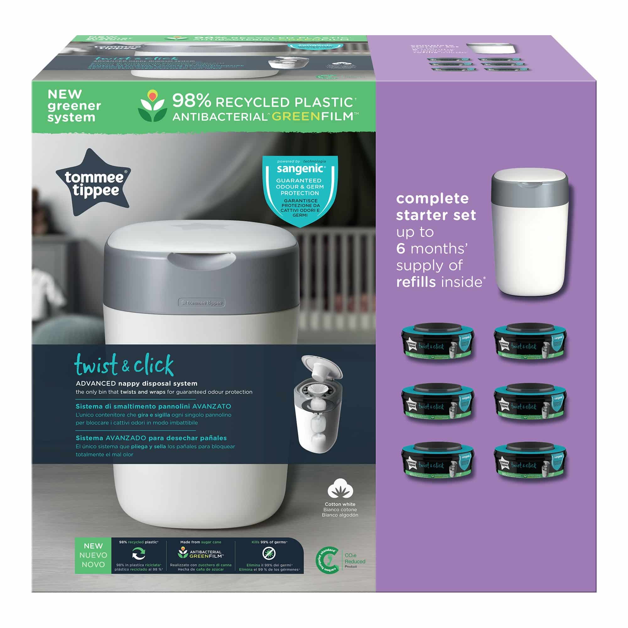 Tommee Tippee Twist and Click Advanced Nappy Bin Starter Set,  Eco-Friendlier System with 6x Refill Cassettes with Sustainably Sourced  Antibacterial GREENFILM, White : : Babyprodukter